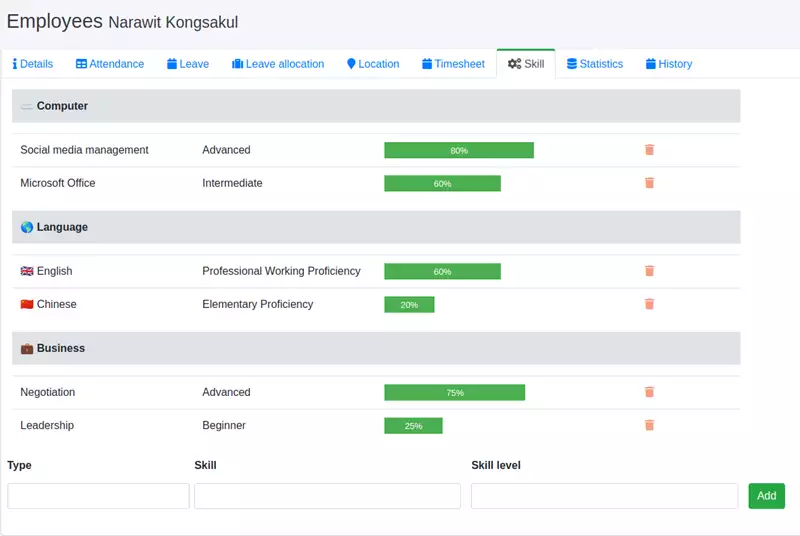 You will see the skills and skill level of the employee on the employee's profile, you can add the skill of employee here as well.
